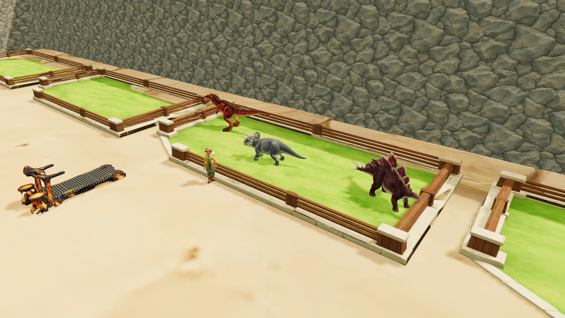 Dinosaurs roam a player's corral in the Steal a Dino game.